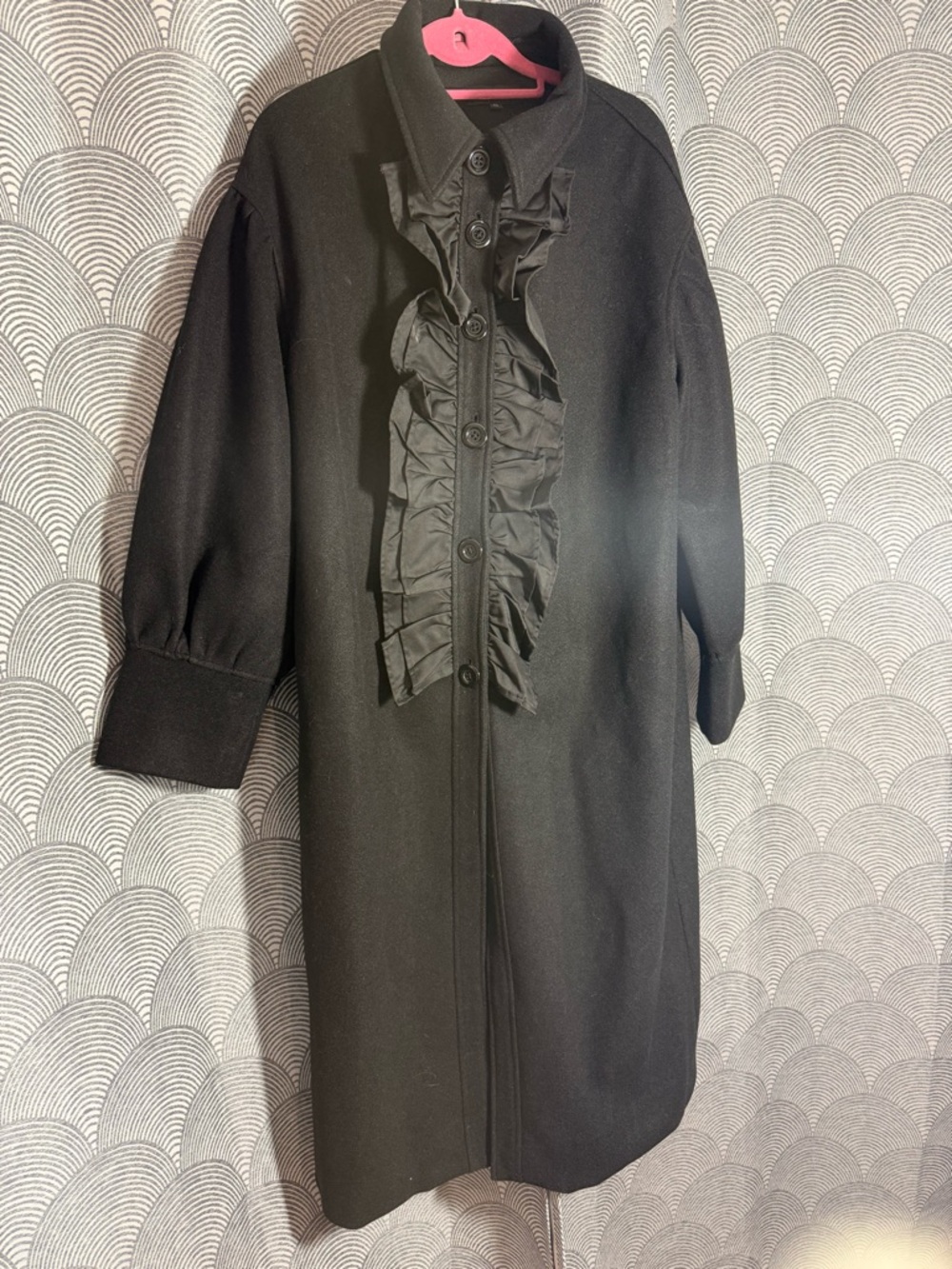 Black Long-Sleeve Ruffle-Front Coat